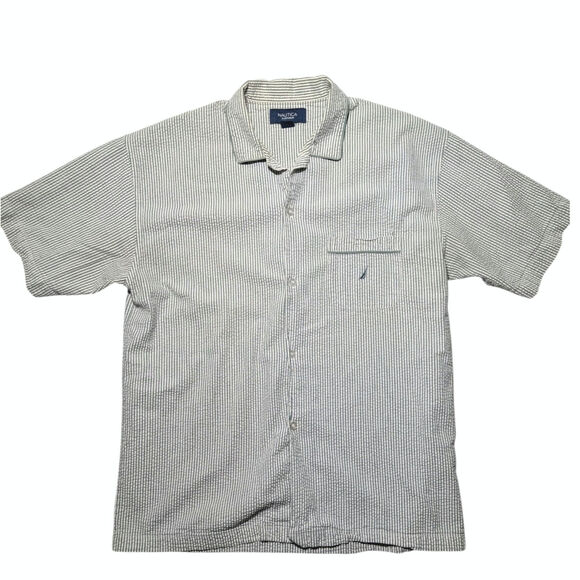 Nautica Green Striped Short Sleeve Seersucker Pajama Top Sleep Shirt Size L - Picture 1 of 13